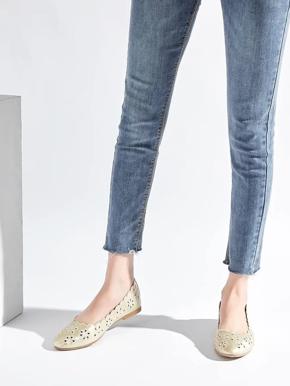 Gold Cream Floral Cutout Women's Ballet Flat